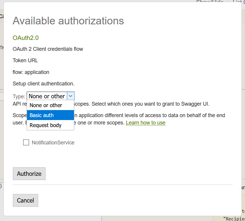 Screenshot showing the authentication dialog for a Swagger endpoint.