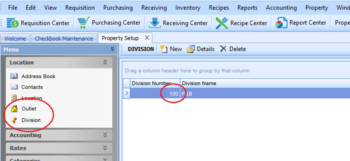 Screenshot of the Property Setup window, showing a Division number highlighted