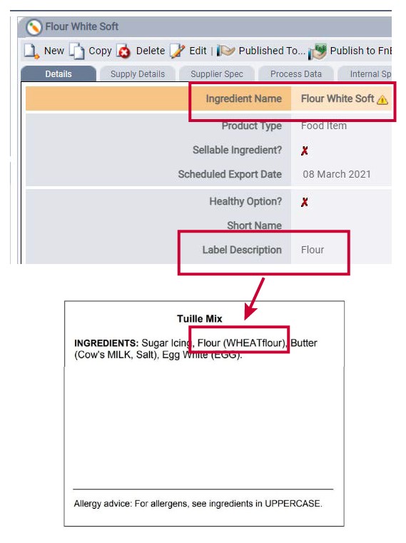 Screenshot of an ingredient's details, with the ingredient name and label description outlined in red. Below this is a recipe label, showing that the label description of the recipe is used on this label.